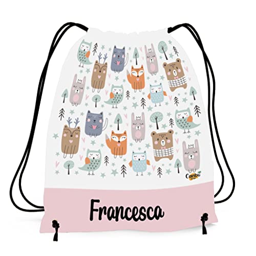 Caribu design Sacca Personalizzata con Nome per Asilo, Scuola Materna/Elementare, Nido, Sport - Zaino Bambino Bambina Tema Animali del Mondo - Idea Regalo (Animali Foresta)