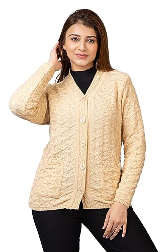 Image of Women Woolen V Neck Casual Wear Stylish Cardigan Sweaters for Winter with Front Pockets