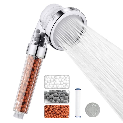 Ibergrif M22025 High Pressure Shower Head, 3 Spray Modes, 3-Stage Filtration, Water Softener for Hard Water Areas, Extra Filter & Rubber Plate Included
