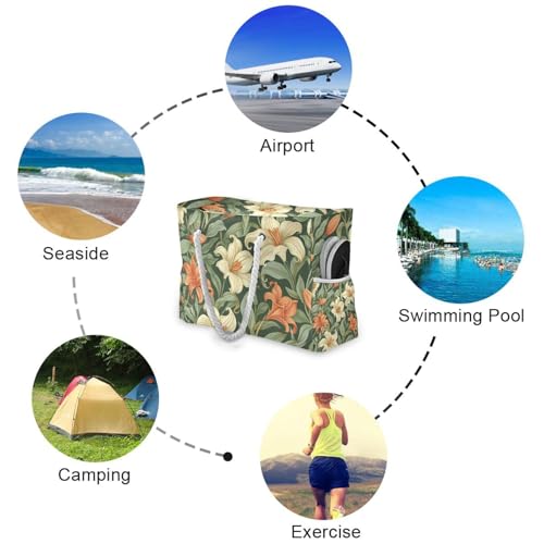 Vintage Orange Lily Flower Green Leaves Sandproof Tote Bags Portable with side pocketes Bags For Work for Travel Gym Vacation4