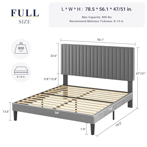 Image of Allewie Full Bed Frame, Velvet Upholstered Platform Bed with Adjustable Vertical Channel Tufted Headboard, Mattress Foundation with Strong Wooden Slats, Box Spring Optional, Easy Assembly, Grey