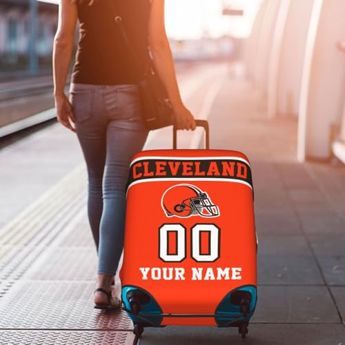 Image of Custom Football Luggage Cover Personalized Cleveland Suitcase Cover with Name Number Customized Washable Elastic Sports Travel Suitcase Protector for Business Vacation Gifts
