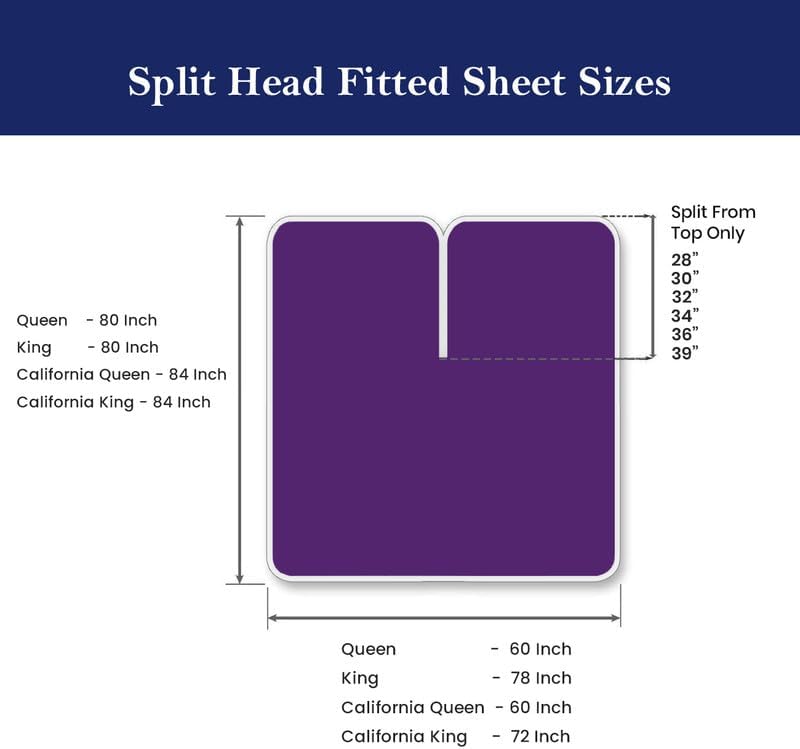 Top Split Queen Size Flex Head 4 Piece Sheet Set for Split-Head Adjustable Bed, 28" Top Split, 800 Thread Count 100% Egyptian Cotton, Fits Up to 18" Deep Pocket, Purple Solid