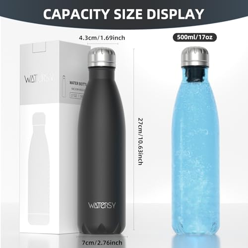 Image of WATERSY Stainless Steel water bottles,17oz /500ml Insulated Water Bottles,Black metal water bottle Keeps Drink Cold and Hot,BPA Free kids water bottles for School,Gym,Travel,Sports