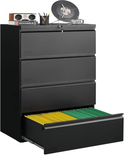 Image of Guizeeopo Metal File Cabinet with Lock, 4 Drawer Lateral File Cabinets for Home Office, Heavy Duty Office Storage Cabinet for A4 /Letter /Legal Size, Assembly Required(Black)