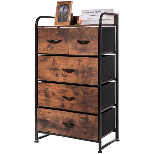 Rolife Rustic Tall Dresser for Bedroom, Chest of Drawers Closet Organizer, Engineered Wood Panel Front of Easy-Pull Drawers, Sturdy Steel Frame, Storage Tower for Living Room, Industrial Retro Brown