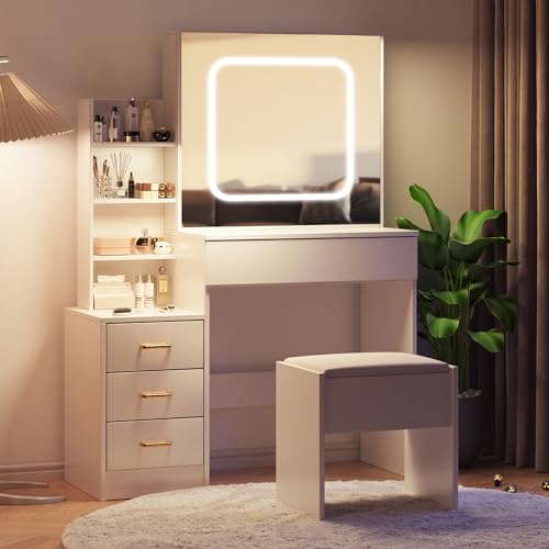 Vanity Desk with Sliding Mirror and Lights, Makeup Vanity Set with 4 Drawers, Stool, Power Outlet, Open Shelves, 3 Color Adjustable Lighting Modes, Makeup Dressing Table for Bedroom, White