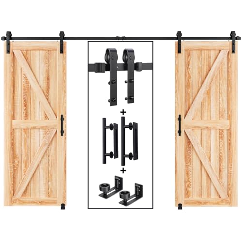 EaseLife 10 FT Double Sliding Barn Door Track and Handle Hardware Kit Basic J Pulley Slide Smoothly Quietly Easy Install (10FT Track Kit for 27~30 Wide Double Door)