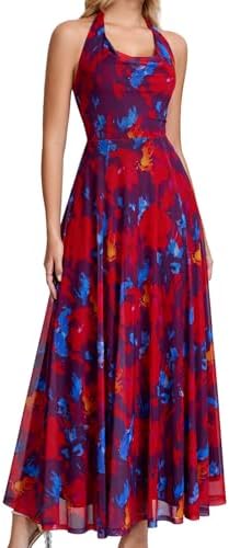 Women’s Summer Floral Maxi Dress Spring Wedding Guest Mesh Halter...