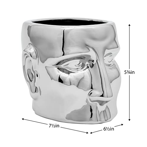 Torre & Tagus Ceramic Face Vase Planter - 5.75" Large Head Planter & Flower Pot - Unique Decorative Head Vase For Cute Indoor Garden - Modern Home Decor For Centerpiece Decoration, 6.5 X 7.5", Silver #TOP4