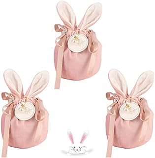 CYCFMYYLY Easter Gift Bags, Easter Bags Bunny Ears Drawstring Gift Bags 3pcs, Velvet Storage Drawstring Bag Cute Bag, Easter Bags For Birthday Party Wedding Baby Shower Easter Decorations (Pink)