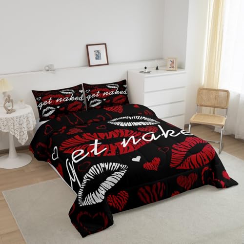 Image of Feelyou Sexy Lips Comforter Funny Get Naked Comforter Set for Couple Lover Kiss Bedding Set White Red Woman Mouth Pattern Decor Duvet Set Room Decor King Size Quilt Set 3Pcs