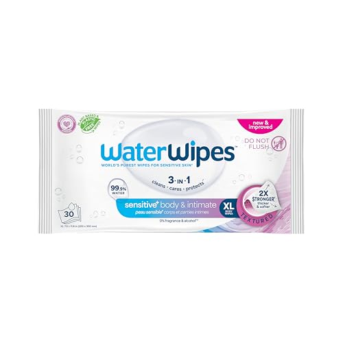 WaterWipes Sensitive Whole Body Cleansing Wipes, 99.9% Purified Water, XL Textured Wipes, Incontinence Care, Fragrance Free, 30 Count