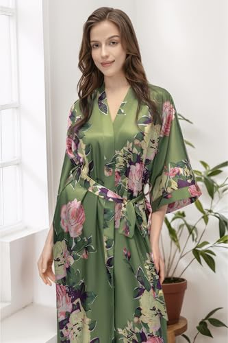 Image of BABEYOND Women's Kimono Robe Long Satin Silky Floral Lightweight Bridesmaid Wedding Bachelorette Party Robe