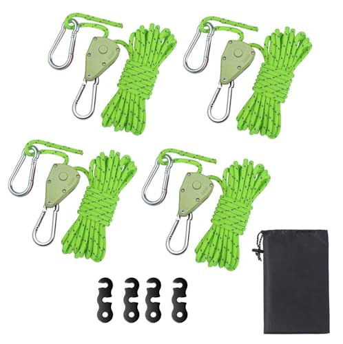 Abspannseile mit Seilspanner,4m Outdoor-Abspanngurte, 4mm Zelt-Spannseile mit S-förmigem Aluminium-Spannregler und Aufbewahrungstasche, Geeignet für Zelte, Markisen, Camping, Backpacking (Grün)