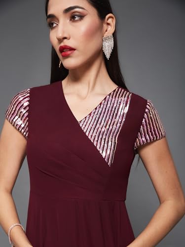 Image of Miss Chase Women's Round Neck Sleeve Embellished Fit Flare Maxi Dress