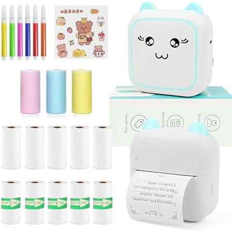 FAWAIKTU Mini Portable Printer, Cute Sticker Printer with 10 Roll Papers Wireless Phone Inkless Scrapbook Note Printing Thermal Gifts Students(Green) (X-954) Cover
