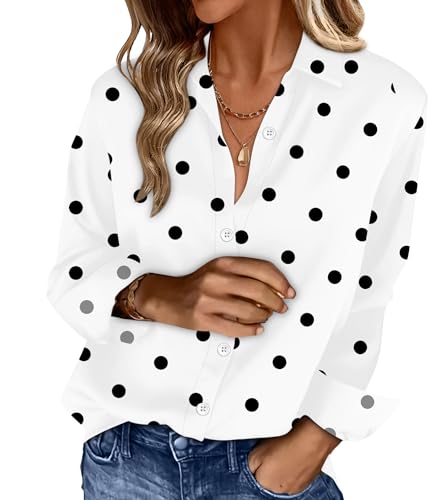 OFEEFAN Polka Dot Top Womens Button Down Shirts Blouses Business Casual Fashion Outfit Spring Summer Beach Vacation Clothes Resort Wear Print 8 M