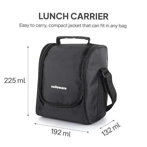 Image of CELLO MF All In One Lunch Box with Bag for Office Use, Black | 225ml, 375ml, 550ml Microwave Safe Containers, 175ml Salad Box, 900ml Bottle with Fork & Spoon, Airtight Leak Proof Tiffin Box for Travel