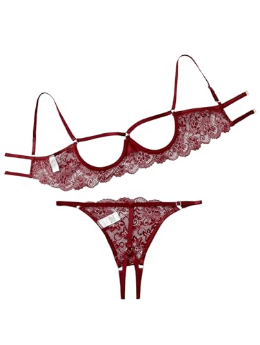 Image of Lilosy Sexy Underwire Floral Lace Sheer Lingerie Set for Women See Through Bra and Panty 2 Piece