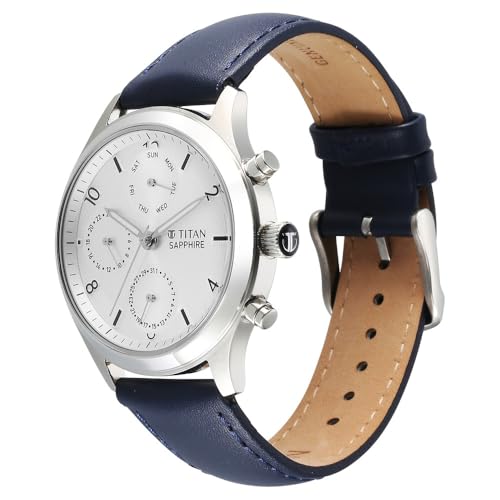 Image of Titan Sapphire Quartz Multifunction Silver Dial Blue Leather Strap Watch for Men - NT1874SL04