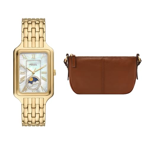 Fossil Mujer Reloj de Acero Inoxidable Dorado Raquel y Bolsa Jolie Marrón, Set