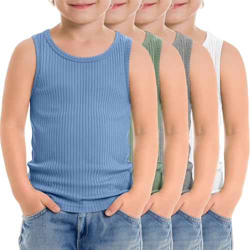 Image of 4 Pack Toddler Boys Cotton Tank Tops | Ribbed, Sleeveless T-Shirts, Summer Undershirts, Slim Fit, Crewneck, Layering, Sizes 18M-5T