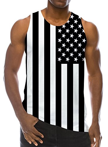 RAISEVERN Men's Tank Tops Summer Workout Sleeveless Tee Cool Black White Striped Stars American Flag Printed Athletic T-Shirts Sports Fitness Vest Athletic Training Undershirts