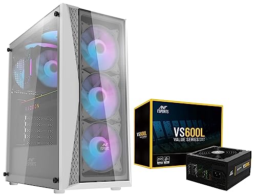 Image of Ant Esports 220 Air Mid- Tower Computer Case /Gaming Cabinet - White & VS600L 600 Watt Non-Modular Continuous Power Gaming Power Supply /PSU