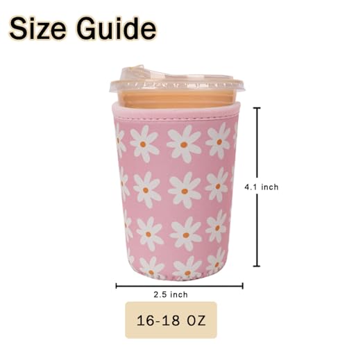 Image of Reusable Insulated Sleeve for Iced Coffee Cup, Coffee Neoprene Sleeve for Cold & Hot Drinks, Beverage Holder for Iced Coffee (Pink Daisies, Small: 16-18oz)