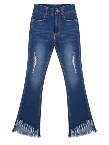 Girl's Ripped Flare Jeans Tassels Hem Bell Bottom Denim Pants Casual Wear3