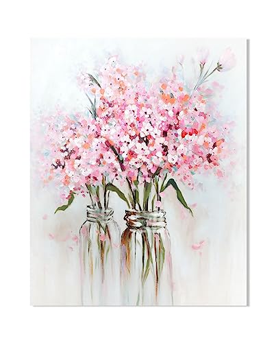 YPY Abstract Bouquet Canvas Wall Art: Pink Flower in Vase Artwork Hand Painted Oil Painting for Teen Girl Bedroom Floral Picture Poster for Living Room Decor 24