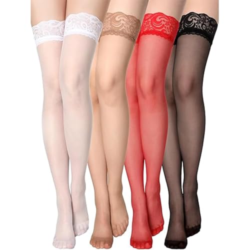 El Mejor Listado de Medias para Mujer disponible en línea. 47 Medias Sexy Para Mujer, 4 Pares de Medias con Encaje, Talla Única 60-65 cm, Ideales para Citas y Fiestas, Material de poliéster de alta calidad, suave y cómodo