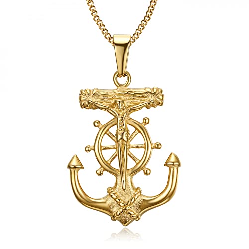 BOBIJOO JEWELRY - Colgante, Collar De Ancla De La Marina De La Barra del Timón De Jesús De La Cruz De Cristo De Oro De Oro Chapado Viajero De Acero Cover