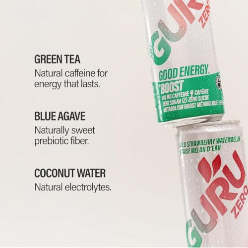 Image of GURU Zero Sugar Energy Drink, Strawberry Watermelon, 12 Fl Oz, 12 Pack | 140 MG Natural Caffeine for Workouts, Performance & Midday Boost, With Real Fruit Juice, L-Theanine, Plant Based, Gluten Free