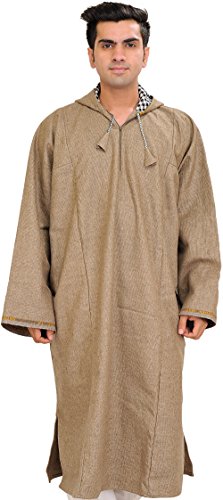 Image of Exotic India Men's Woolen Blend Kashmiri Phiran with Hood | Pure Wool Long Overcoat-Oversized Phiran for Men