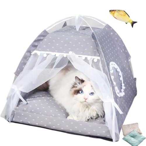 猫 家 猫 テント 【2025年アップグレード版】通気性、防水性、折りたたみ可能 洗濯可能 組み立てが簡単なペットベッド猫と犬のベッドメッシュ窓付きのかわいいプリンセススタイルのドーム型ペットハウス両面クッションオールシーズンに適しています キャットテント