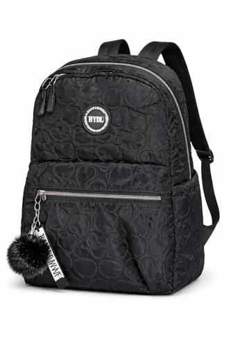 Mochila Juvenil e Adulto 18L em Poliéster Leve e Resistente, Design Matelassê com Coração, 2 Bolsos Externos, com Chaveiro Decorativo Branco, Lilás, Rosa Bebê e Rosa Pink (Preta)