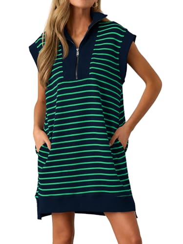 Image of Wenrine Womens Striped Mini Dress Casual Zipper Cap Sleeve Collared V Neck Loose Knit Summer Dresses