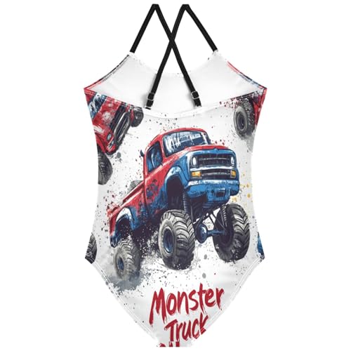 Pigsaly Girls One Piece Swimsuits Grunge Red Blue Monster Trucks Kids Cross Back Swimwear Beach Sport Bathing Suit 3T2