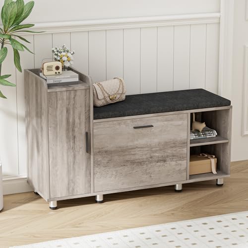 BonVache Banc à Chaussures, Compartiment Rabattable avec cloison réglable, Hauteur réglable, avec Portes de Rangement et 3 espaces de Stockage Ouverts,...