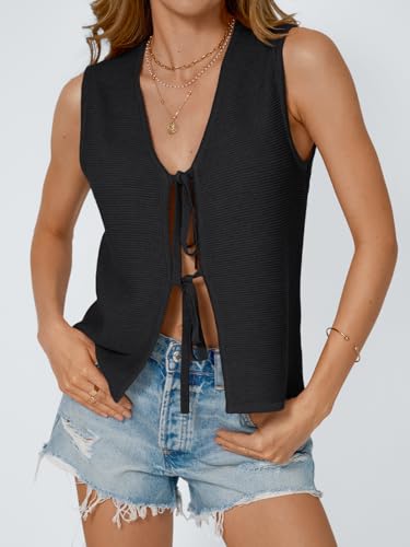 Image of LILLUSORY Womens Tie Front Tops Vacation Sweater Vest | Bohemian Style, Beach Resort Wear, Concert Western Outfits, Crochet Tops, Vacation Outfits, Cute Y2k Sleeveless 2026