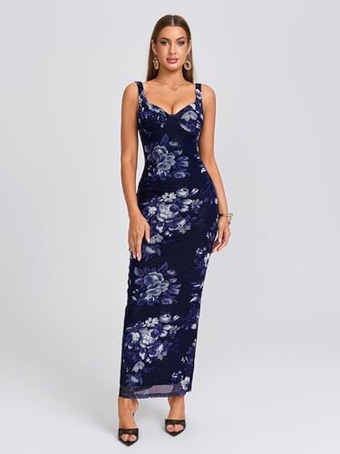 HTZMO Women Summer Floral Bodycon Maxi Dress V Neck Halter Sleeveless Casual Wedding Guest Party Elegant Long Dresses3