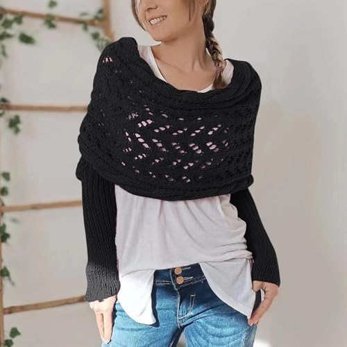 Knitted Scarf with Sleeves for Women Chunky Cable Knit Wraps Shawl Crochet Shrug with Sleeves Winter Scarves2