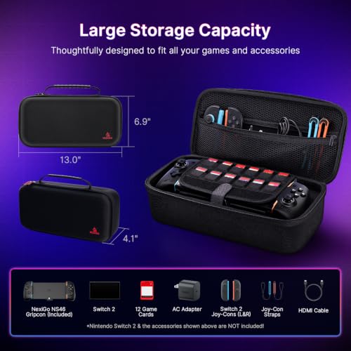 Image of NexiGo Hall Effect Gripcon with Carrying Case for Switch 2, 4K HDMI Output for TV Mode, Handheld Controller w / Hall Sensing Joysticks & Triggers, RGB Lights, Mapping, 6-Axis Gyro, Turbo, Black