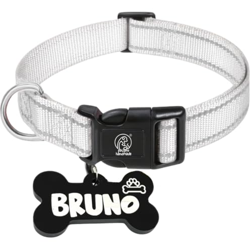 Image of PAWPRO HANDMADE Reflective Dog Collar with Customizable Bone-Shaped Tag - Adjustable for Safety and Comfort, Fits 35-50 cm Neck - Black (Silver, Medium)