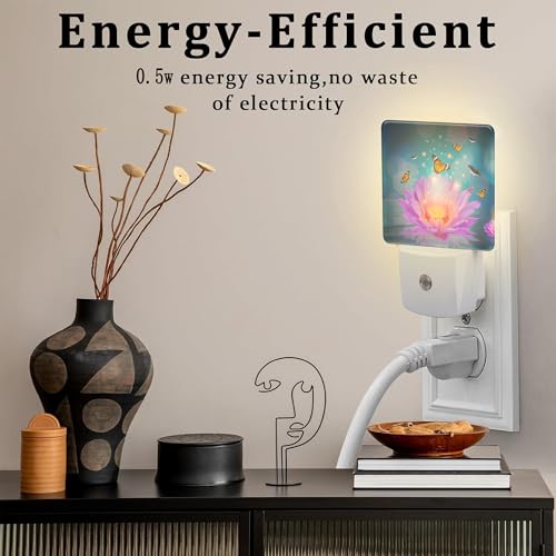 Image of Purple Lotus Flowers Butterflies Night Light for Kids,Glowing Lotus Butterfly Night Light Plug in with Dusk to Dawn Sensor,0.5w Energy Saving Nightlight for Hallway Stairway Kitchen Bedroom