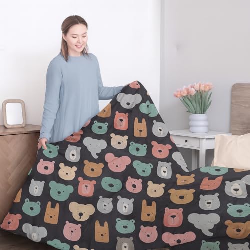 Image of 200 GSM 400 TC Kids Glace Cotton Reversible Cartoon Printed Double Bed King Size Comforter with Matching Bedsheet 90x100 Inches with 2 Pillow Covers Set of 4 Pieces- Grey Teddy