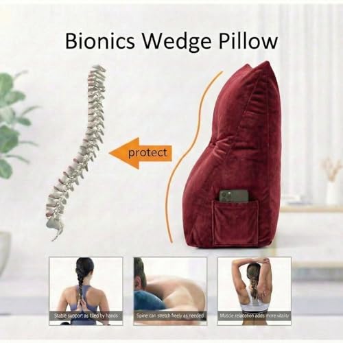 Image of Luxury Velvet Tufted Wedge Pillow with Side Pocket - Soft Headboard Back Support Cushion for Bed, Sofa & Floor Seating - Red Color