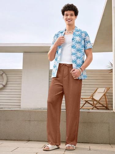 Image of GRECIILOOKS Men's Linen Trousers | Loose Fit Linen-Cotton Casual Pants for Men | Relaxed Office Wear Formal Trousers for Men | Stylish Beige & Pants